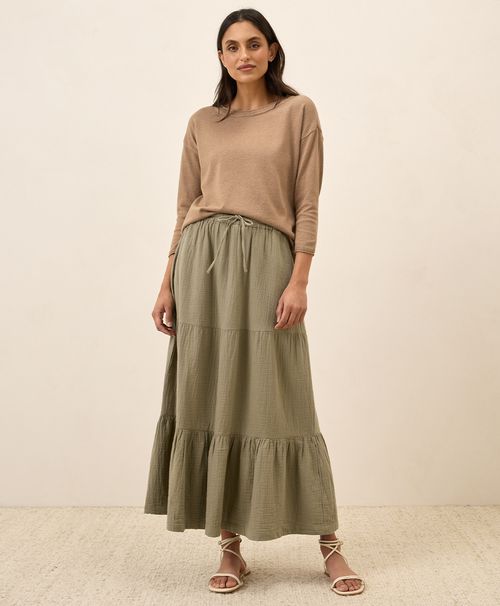 Women's Khaki Green Coastal Double Gauze Tiered Maxi Skirt