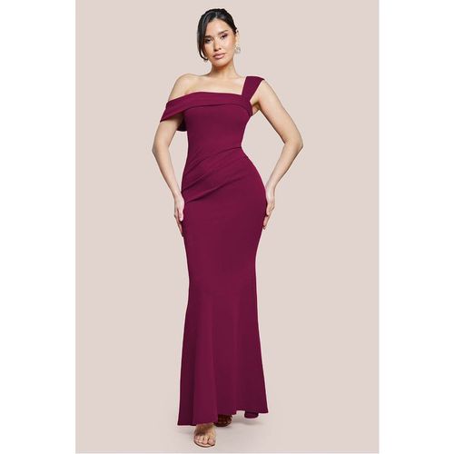 Goddiva Off The Shoulder Pleated Waist Maxi Dress - Berry