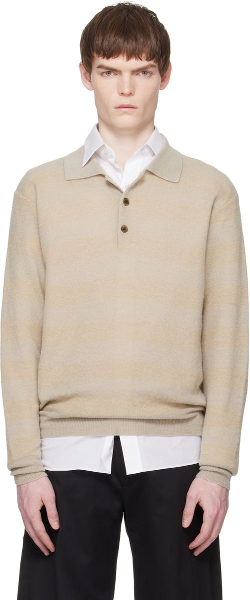 Beige Knit Stripe LS Polo