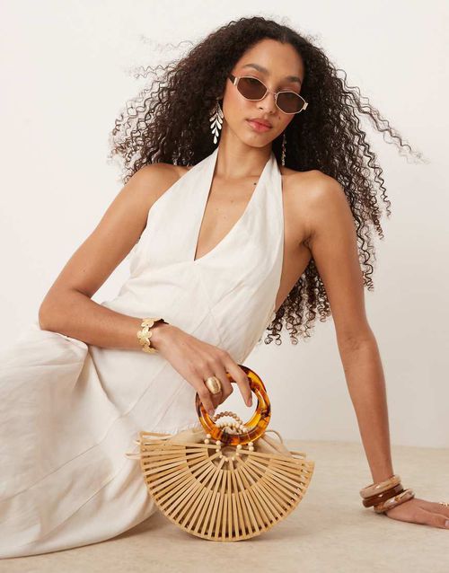 Mango linen mix halter neck midi dress in white