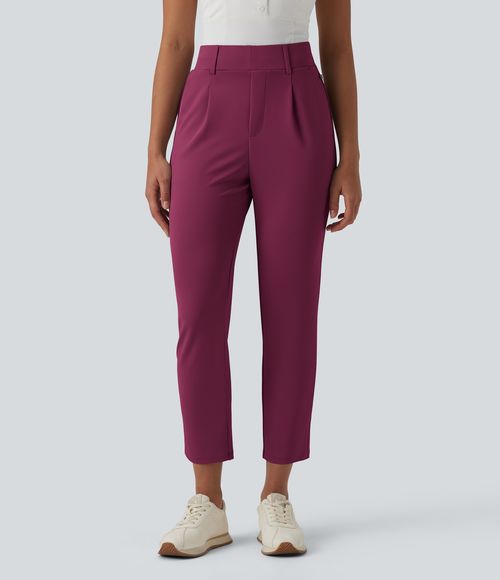 High Waisted Tapered Crepe Golf Pants with Pockets  - Beaujolais