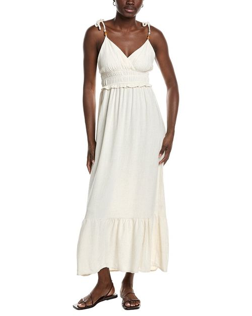 Beaded Linen-Blend Strap Ruffled Dress