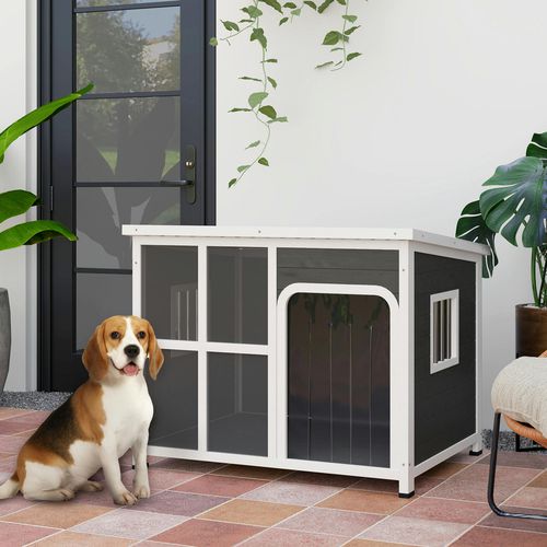 PawHut Wooden Dog Kennel Outdoor w/ Openable Top - - Light Grey