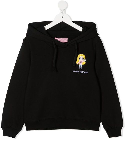 Doll-embroidered cotton hoodie - Black