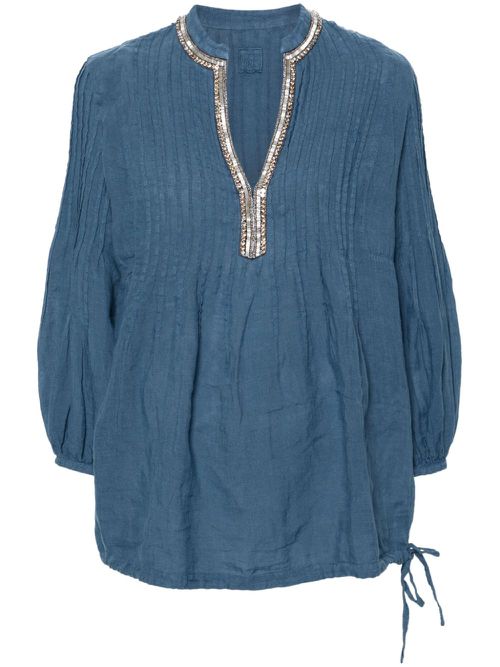 Split-neck linen blouse - Blue