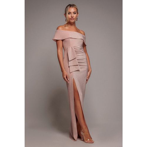 Lurex Bardot Maxi With Waterfall Ruffle - Blush by Goddiva