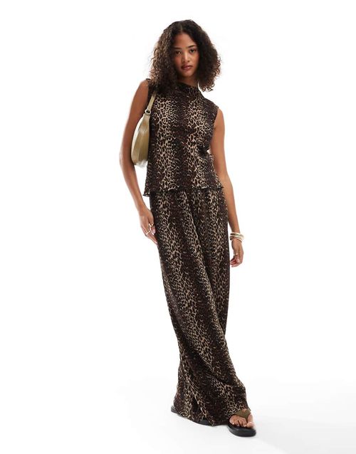 Pieces mini plisse wide leg trouser co-ord in leopard print-Multi
