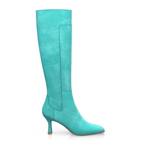 Bottes à bout carré et talon haut Femme Faites main en Italie en Daim Turquoise Bleu - Sur Mesure, Haut, Zip - GIROTTI