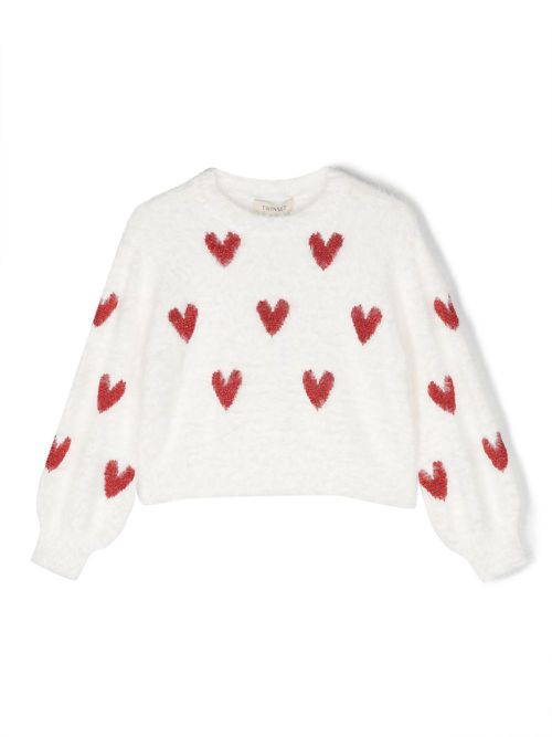 Heart-embroidered brushed jumper - White