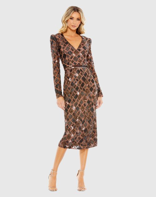 Geo Embellished Midi Sheath Wedding Guest Dress In Chocolate