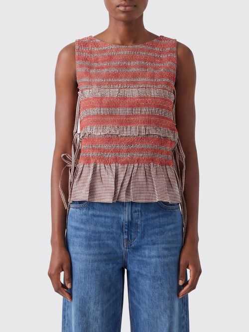 Striped Cotton Top with Tie Fastening and Flounces