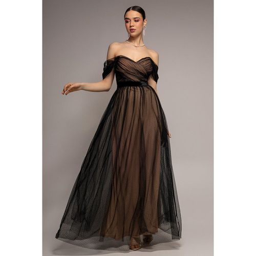 Goddiva Dobby Mesh Off The Shoulder Princess Maxi Dress - Black
