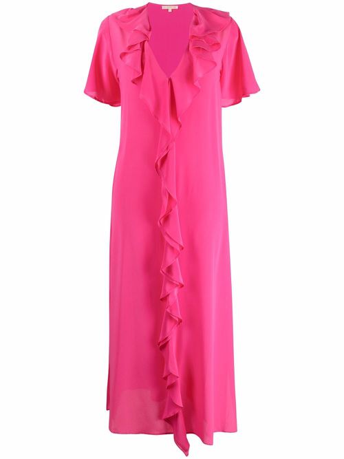 Ruffle-trim V-neck long dress - Pink