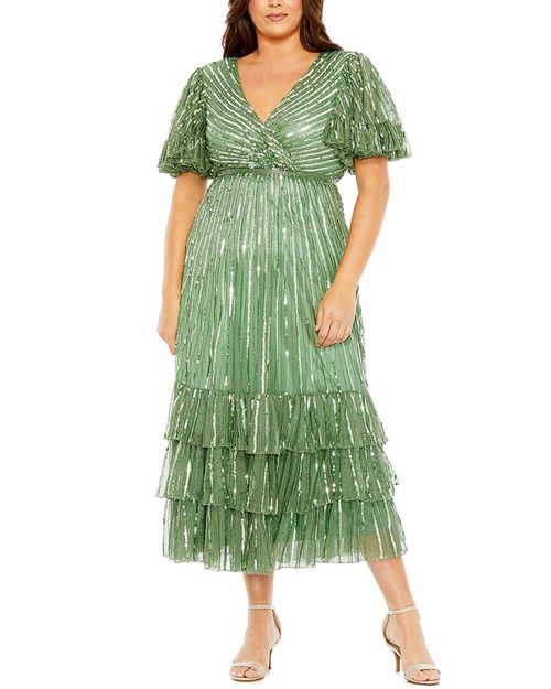 Plus Sequin Faux Wrap Flutter Sleeve A-Line Dress
