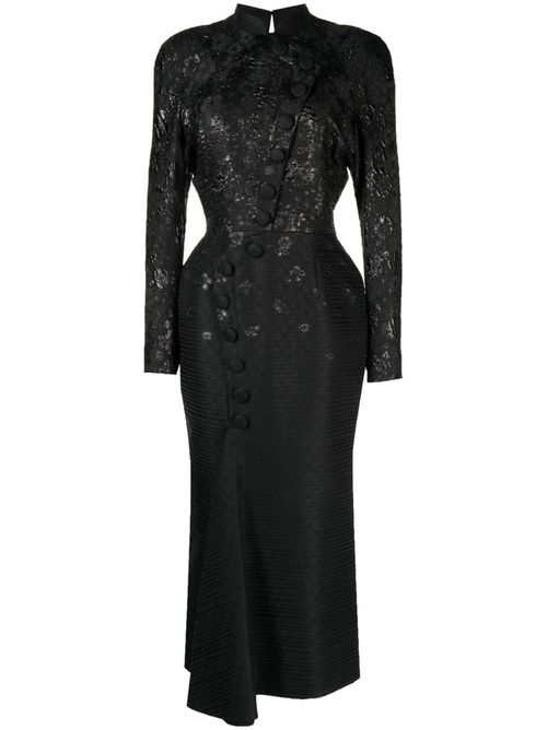 Brocade-effect long-sleeve dress - Black