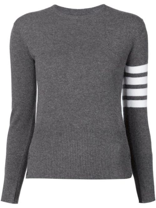 Crew neck Pullover With White 4-Bar Stripe In Grey Cashmere