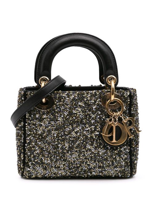2014 Mini Satin Sequin Embroidered Lady Dior satchel - Black