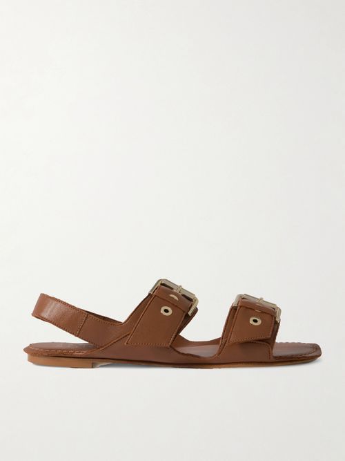 The Double Buckle Leather Sandals - Brown