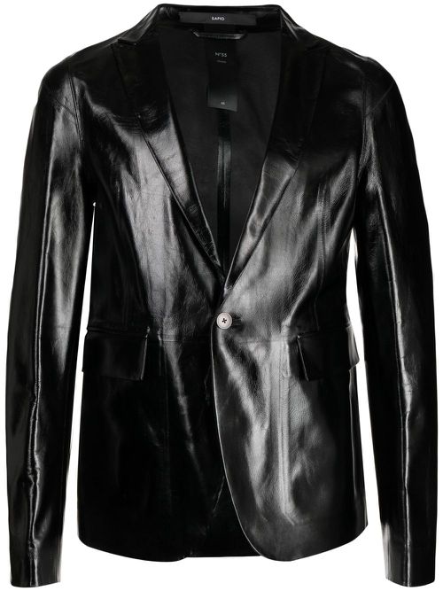 Single-breasted leather blazer - Black