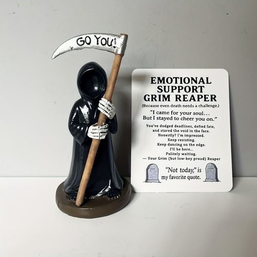 TEMU Emotional Support Reaper Figurine With "!" - Exhausted Reaper Holding Cat, Funny Gothic Desk Decor For Halloween, Office, Home - No