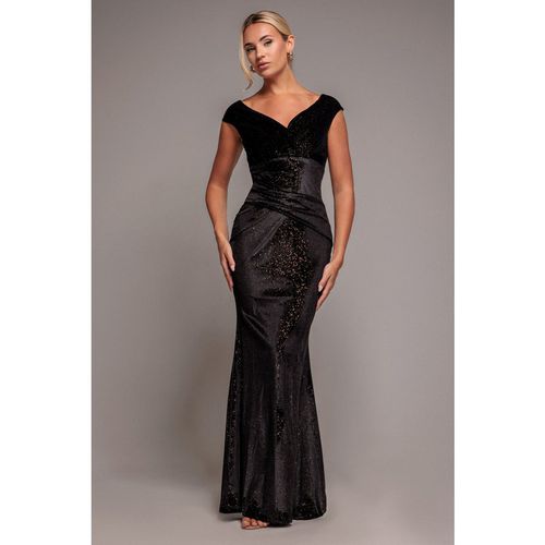 Goddiva Shimmer Velvet Bardot Maxi Dress - Black Gold
