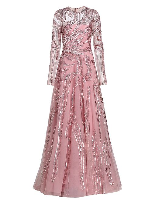 Women's Embellished Wave Tulle Gown - Vintage Rose