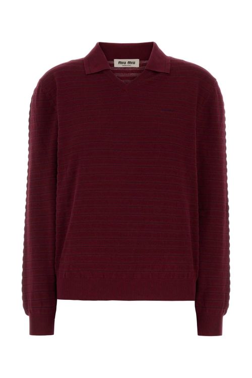 Embroidered Cotton Polo Collar Sweater — Burgundy