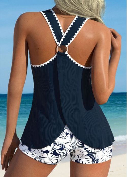 Modlily Tummy Coverage Mid Waisted Floral Print Navy Tankini Set