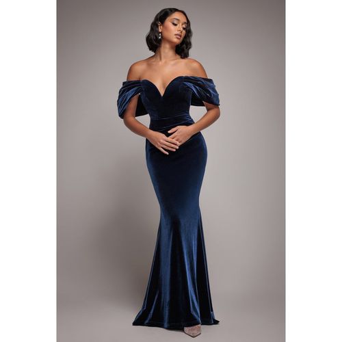 Goddiva Off The Shoulder Deep Plunge Velvet Maxi Dress - Navy Blue