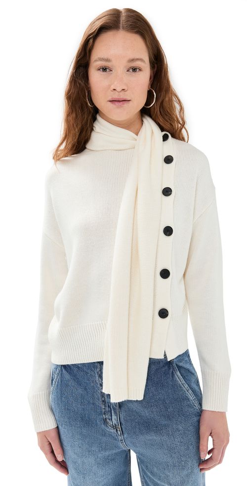 Neck Scarf Asymmetric Button Sweater Ivory