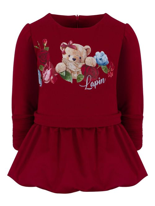 Floral bear print combined dress - Red