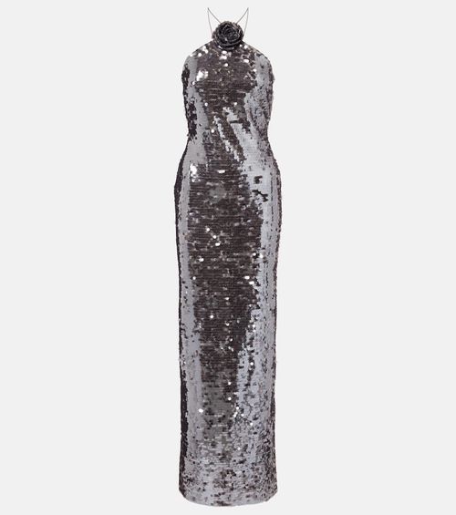 Floral-appliqué sequined gown