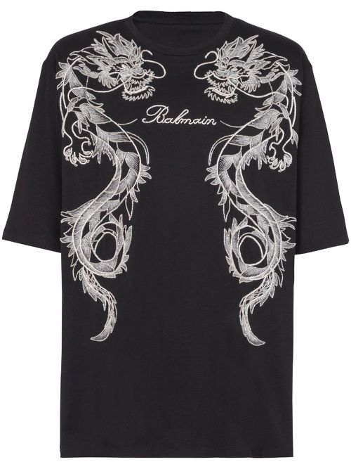 Dragon-embroidered cotton T-shirt - Black