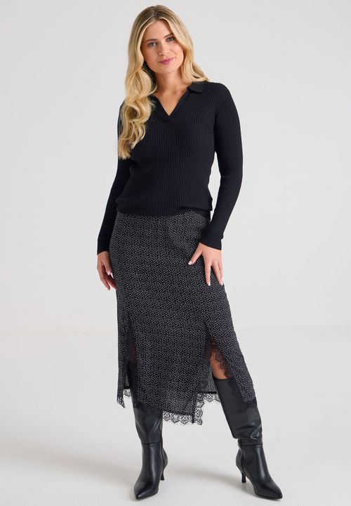 Womens Black Ribbed V-Neck Jumper