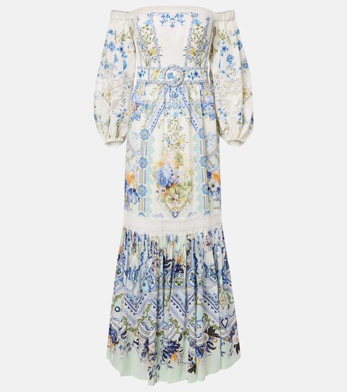 Floral off-shoulder linen and silk maxi dress