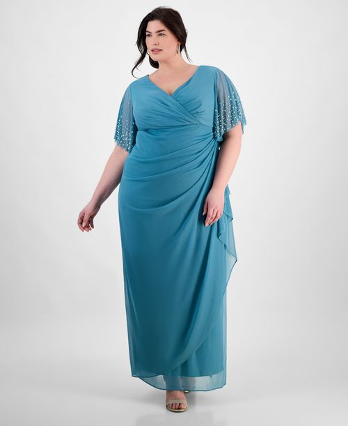 Alex Evenings | Plus Size Embellished-Sleeve Draped Chiffon Gown - Teal