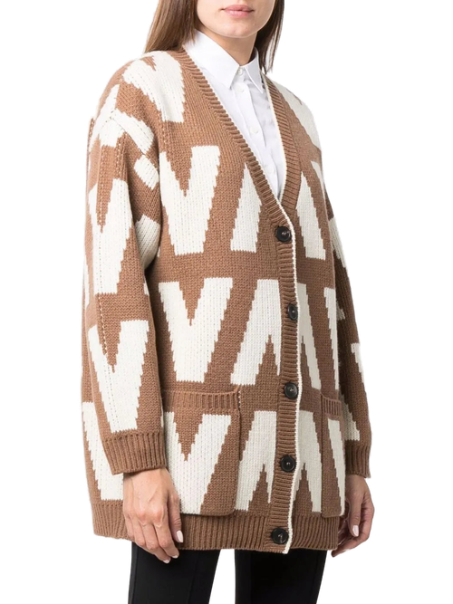 Logo-Intarsia Virgin Wool Cardigan — Brown
