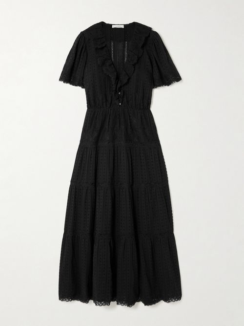 Gabriella Ruffled Tiered Lace-trimmed Point D'esprit Cotton Dress - Black