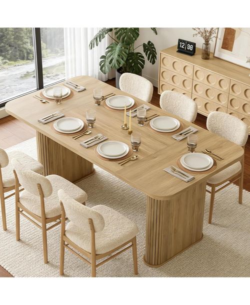 62" Large Dining Table, Set for 6-8 People, Kitchen Dining Table with Grille Design, Suitable for Dining, Home, Office, Living - Natural
