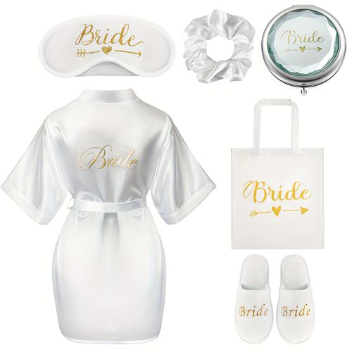 TEMU Bbto 6pcs Bride Gifts Bride Dressing Gown Set White Robe Canvas Bag Slippers Sleep Eye Mask Soft Hair Scrunchie Mirror And Gift Box For Wedding