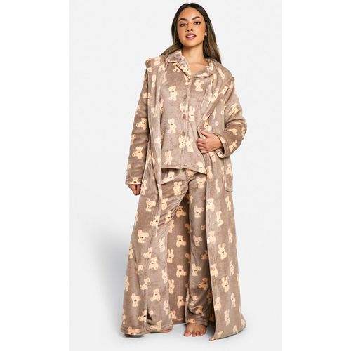 Boohoo Womens Bear Print Fleece Maxi Dressing Gown - Brown - Mediu