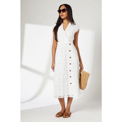 Principles Womens Ivory Wrap Front Button Detail Midi Broderie Dress - White Cotton