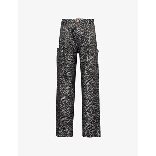 Mens Black/silver Abstract-print High-rise Relaxed-fit Wide-leg Woven-blend Cargo Trousers M