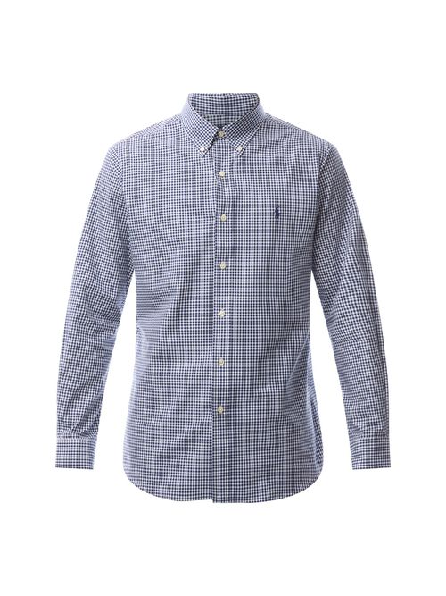 Mens Custom Fit Stretch Poplin Gingham Shirt in Navy/White, Cotton