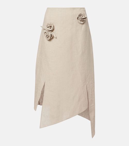 Floral-appliqué asymmetric linen midi skirt
