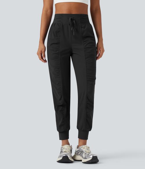 High Waisted Drawstring Ruched Tapered Quick Dry Dance Joggers with Pockets  - Black