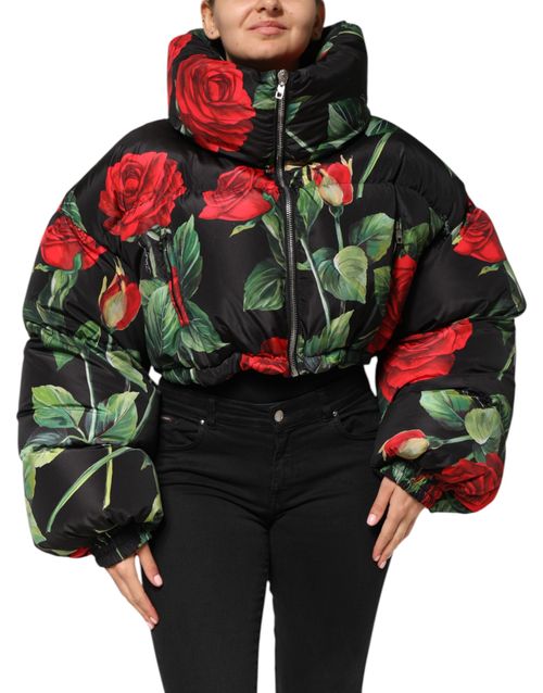 Floral-Print Puffer Puffer Jacket — Black