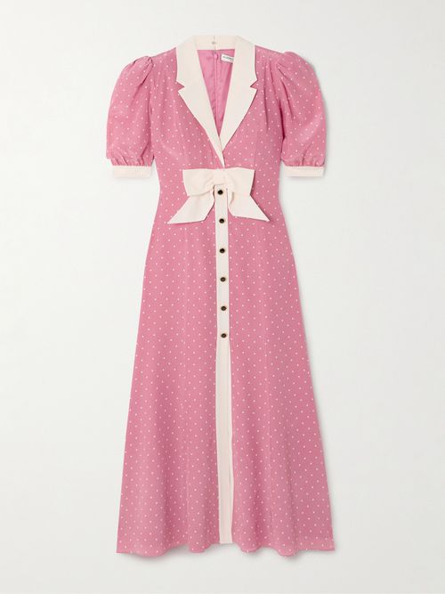 Bow-embellished Polka-dot Silk-satin Midi Dress - Pink