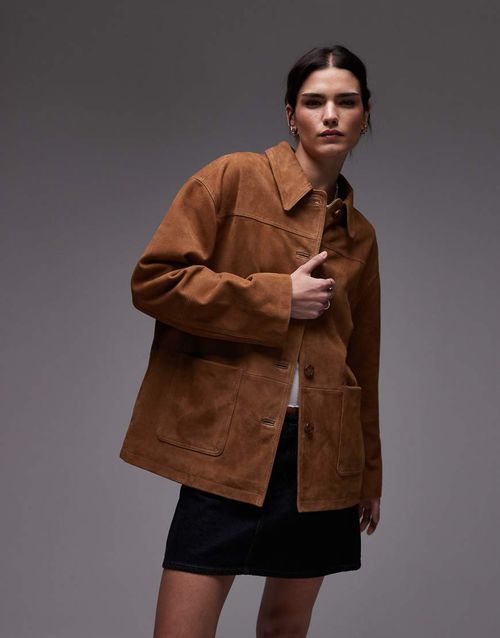 Topshop premium real suede patch pocket boxy jacket in tan-Brown