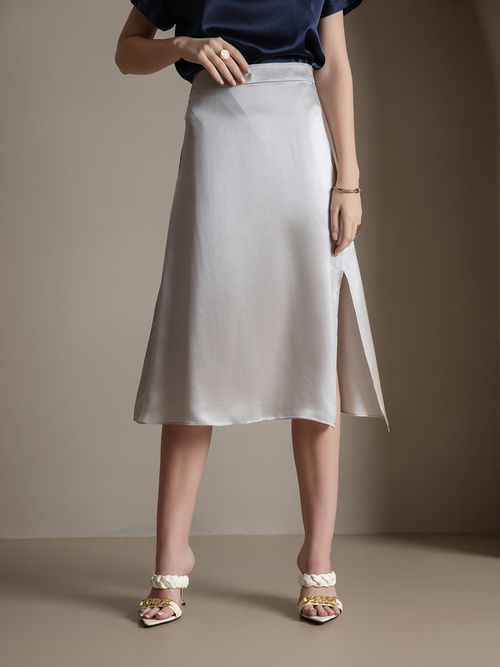 19Momme Silk A Line Long Slit Skirt with Zipper Design